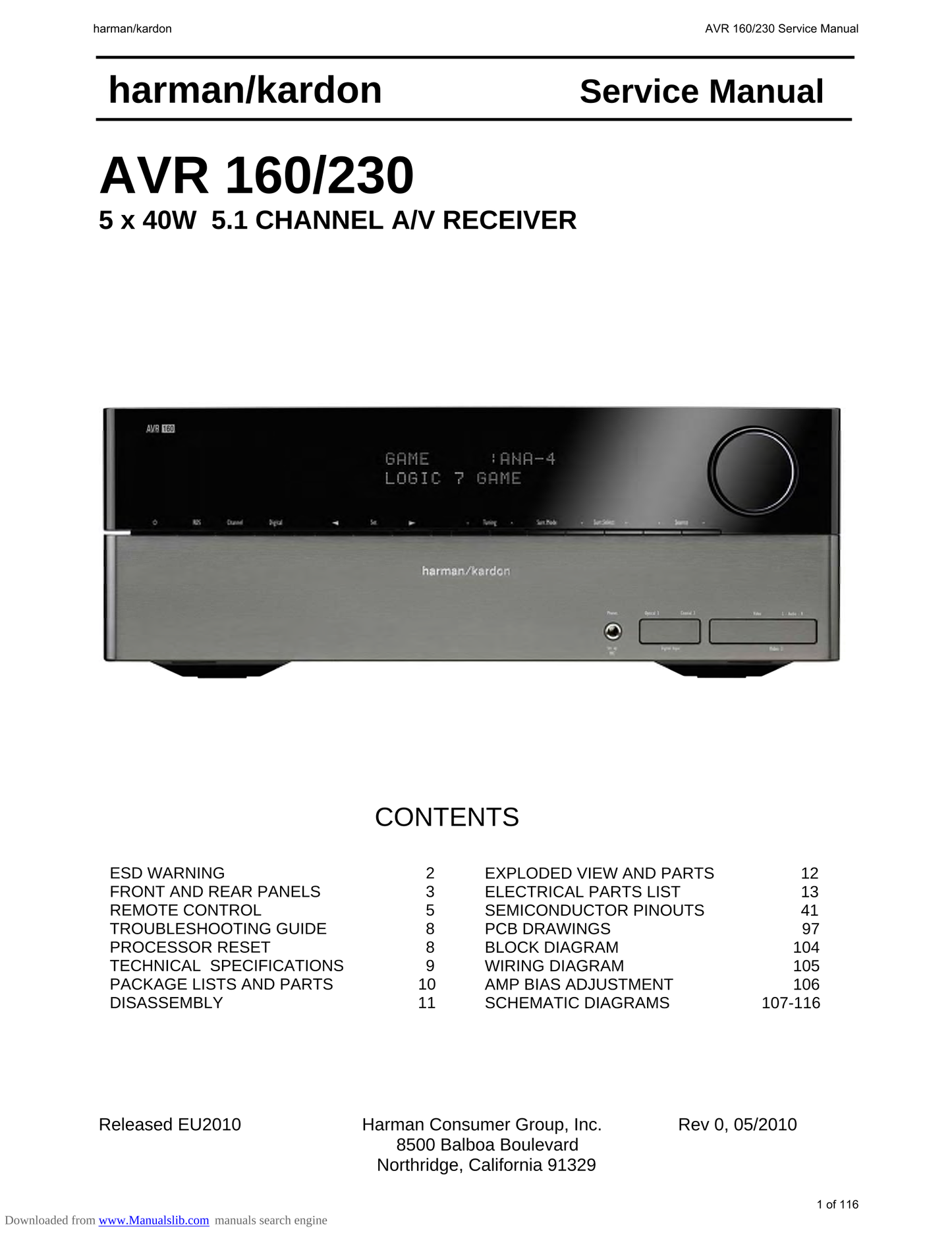 Harman/ Kardon AVR160/230 AV Receiver Service Manual (Pages: 116)