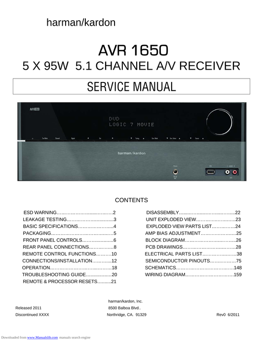 Harman/ Kardon AVR1650 AV Receiver Service Manual (Pages: 159)