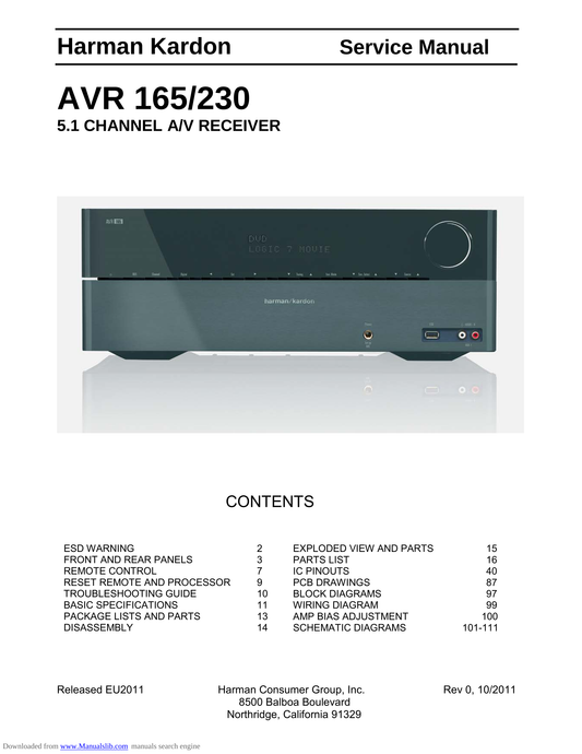 Harman/ Kardon AVR165/230 AV Receiver Service Manual (Pages: 111)