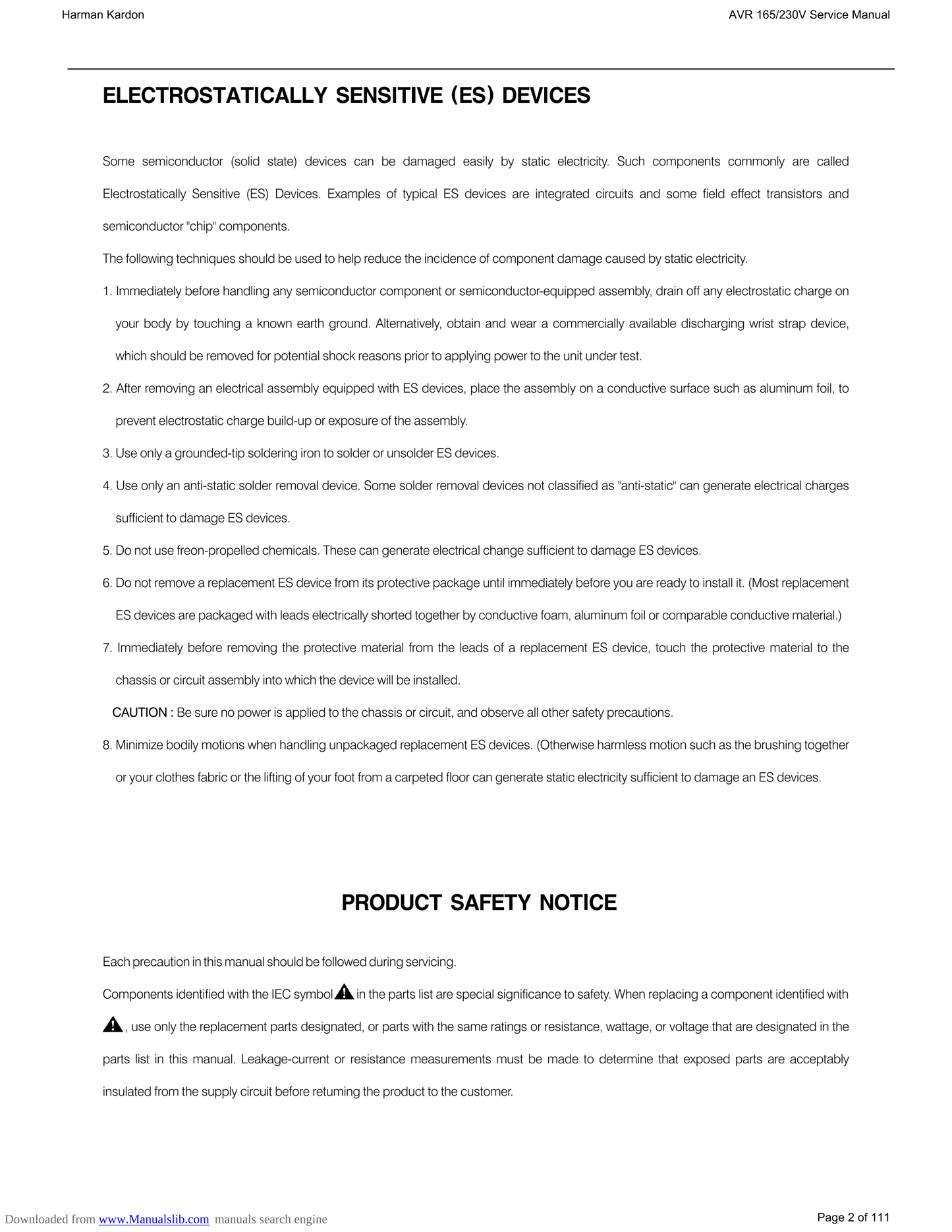 Harman/ Kardon AVR165/230 AV Receiver Service Manual (Pages: 111)