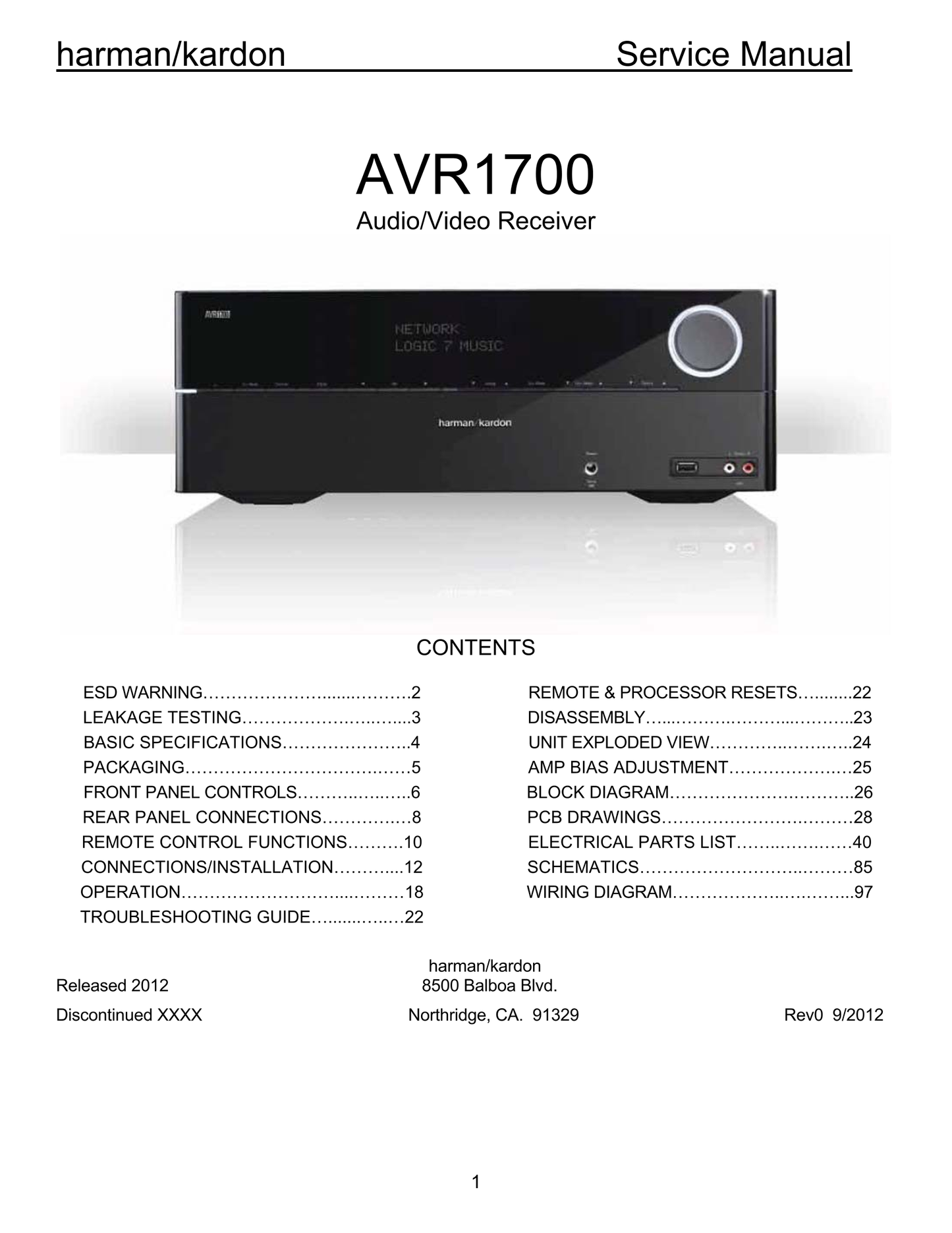 Harman/ Kardon AVR1700 AV Receiver Service Manual (Pages: 79)