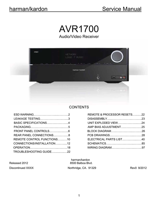 Harman/ Kardon AVR1700 AV Receiver Service Manual (Pages: 79)