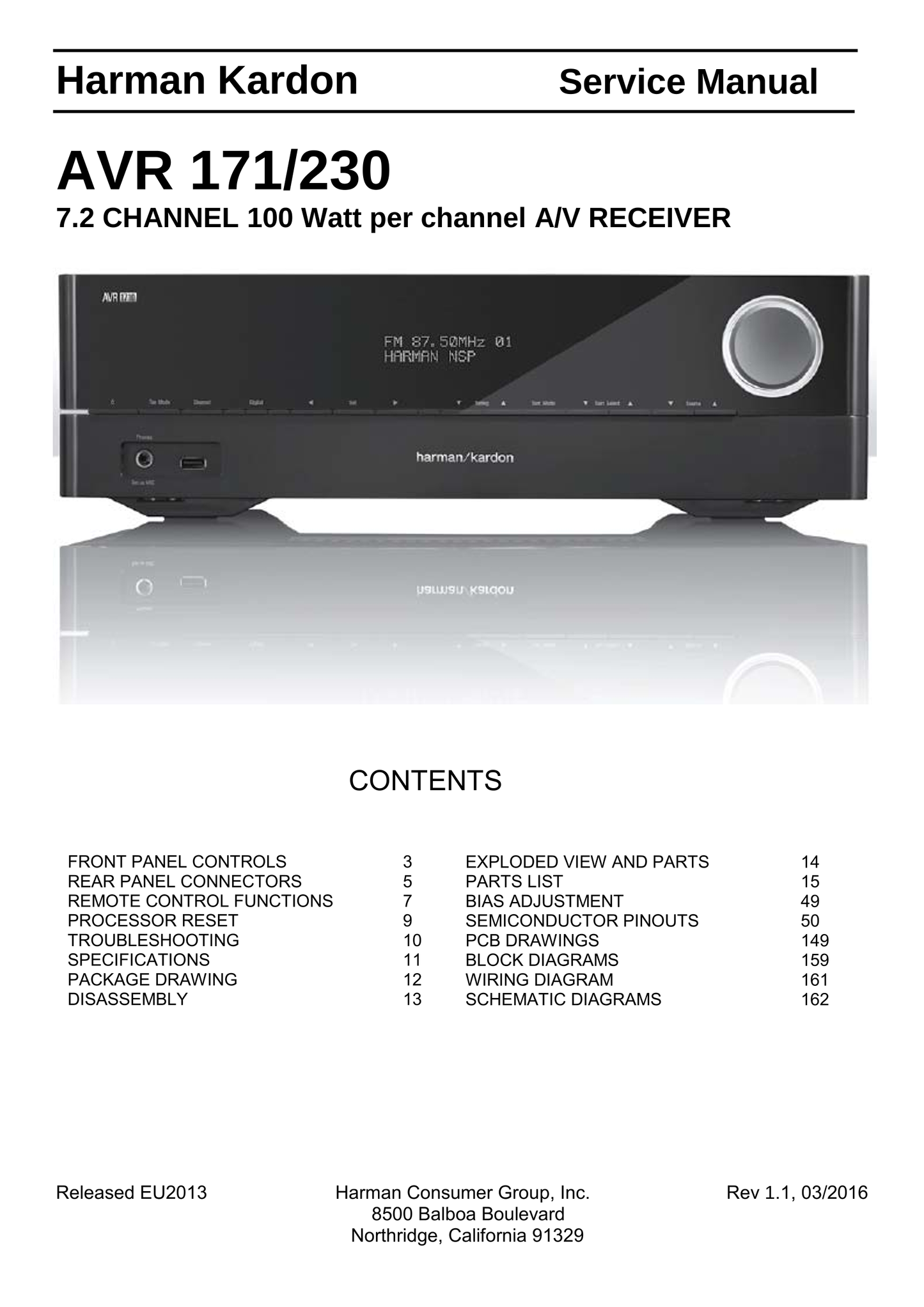 Harman/ Kardon AVR171 AV Receiver Service Manual (Pages: 174)