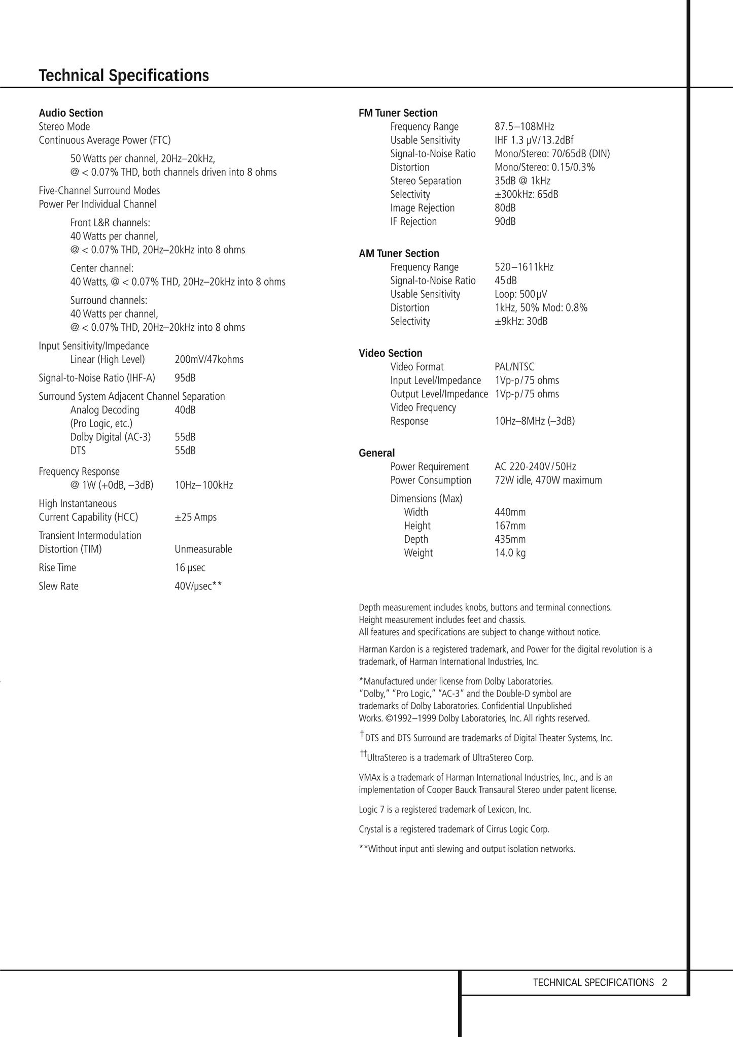 Harman/ Kardon AVR2000RDS Audio/ Video Receiver Service Manual (Pages: 80)