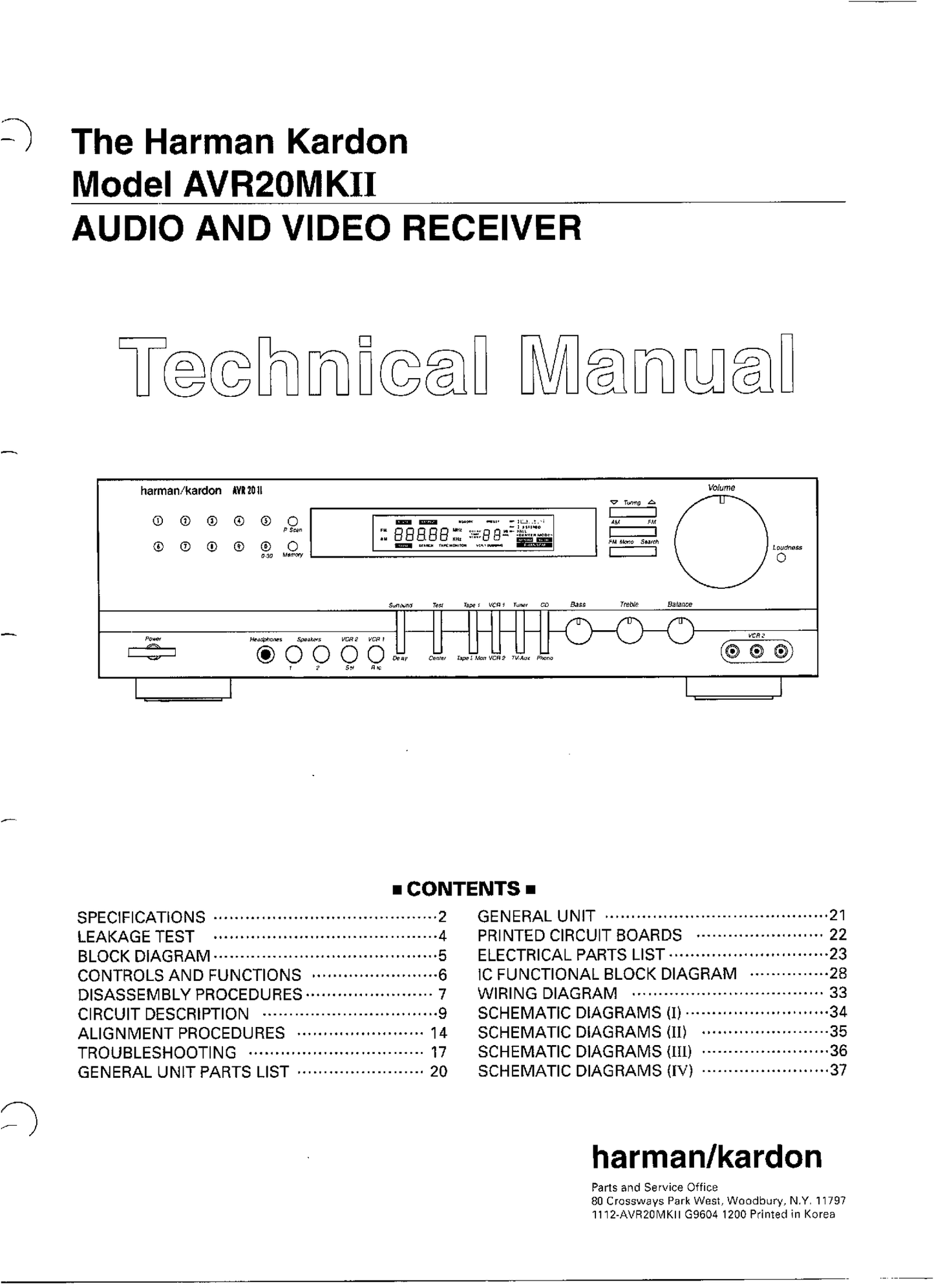 Harman/ Kardon AVR20MKII AV Receiver Service Manual (Pages: 68)