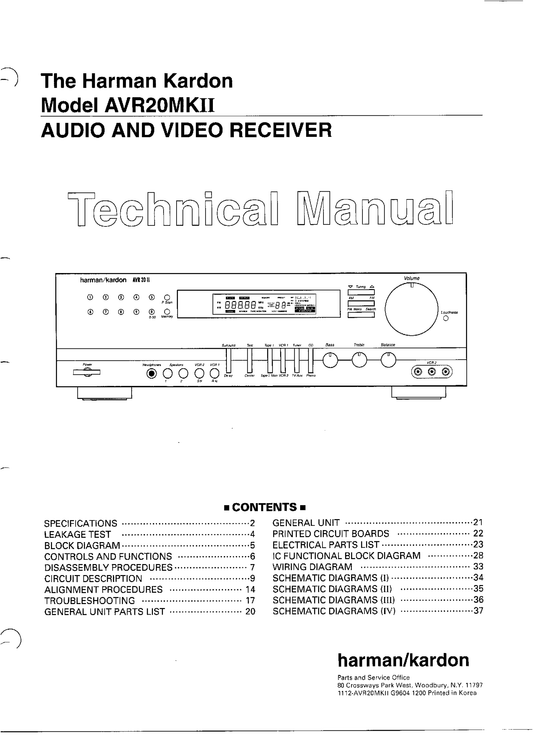 Harman/ Kardon AVR20MKII AV Receiver Service Manual (Pages: 68)