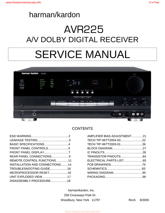 Harman/ Kardon AVR225 AV Receiver Service Manual (Pages: 96)