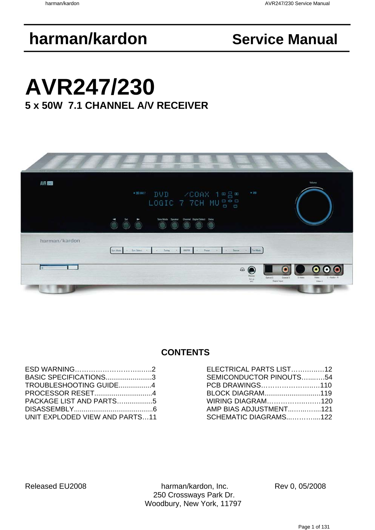 Harman/ Kardon AVR247/230 Audio/ Video Receiver Service Manual (Pages: 131)