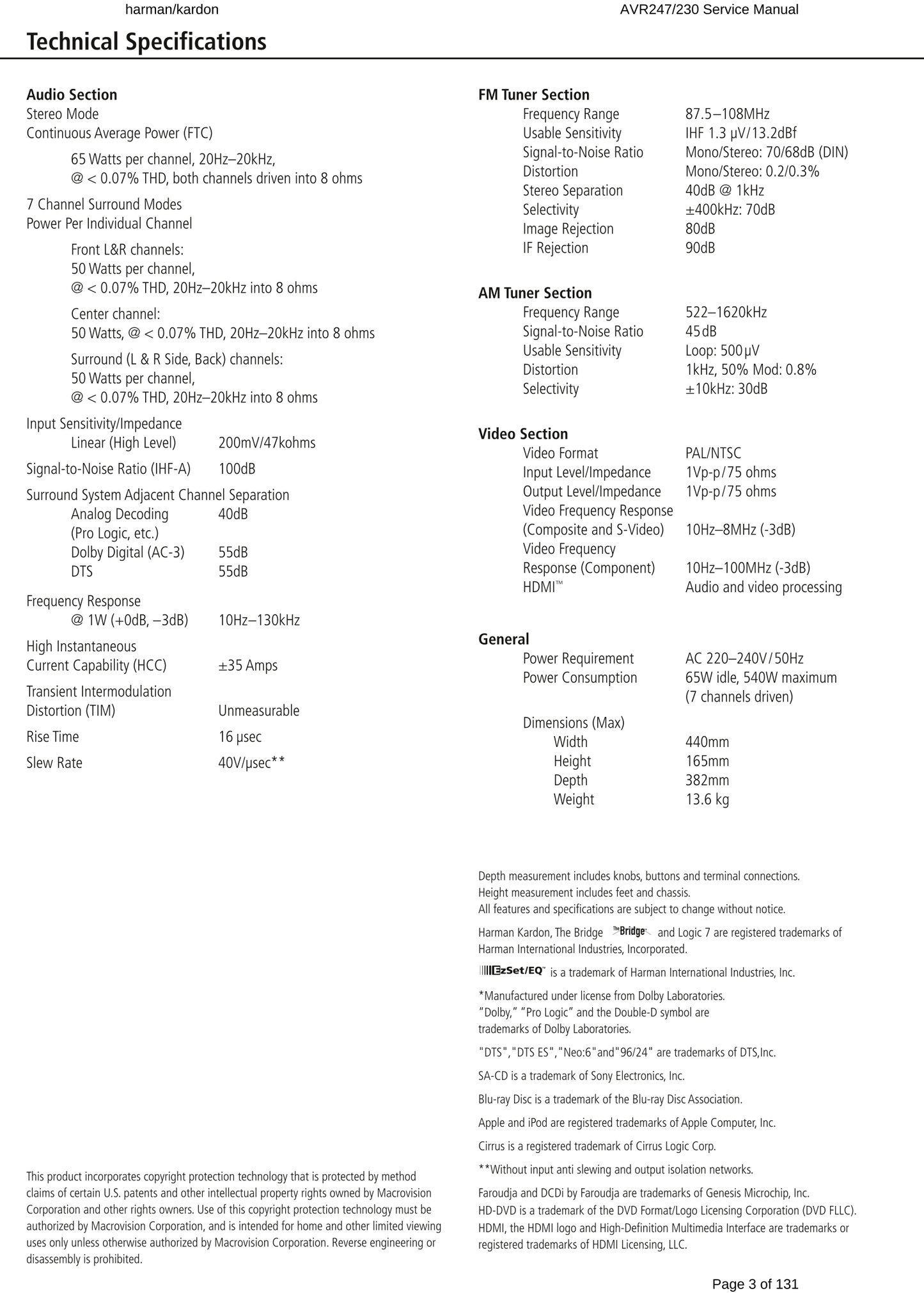 Harman/ Kardon AVR247/230 Audio/ Video Receiver Service Manual (Pages: 131)