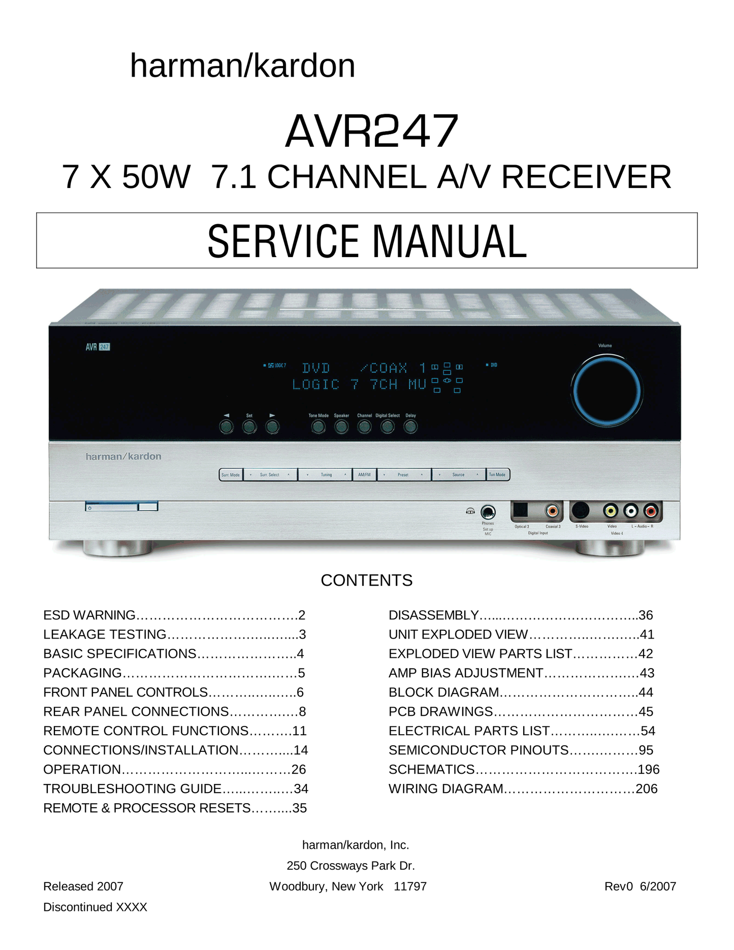 Harman/ Kardon AVR247 AV Receiver Service Manual (Pages: 206)