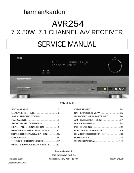 Harman/ Kardon AVR254 AV Receiver Service Manual (Pages: 189)