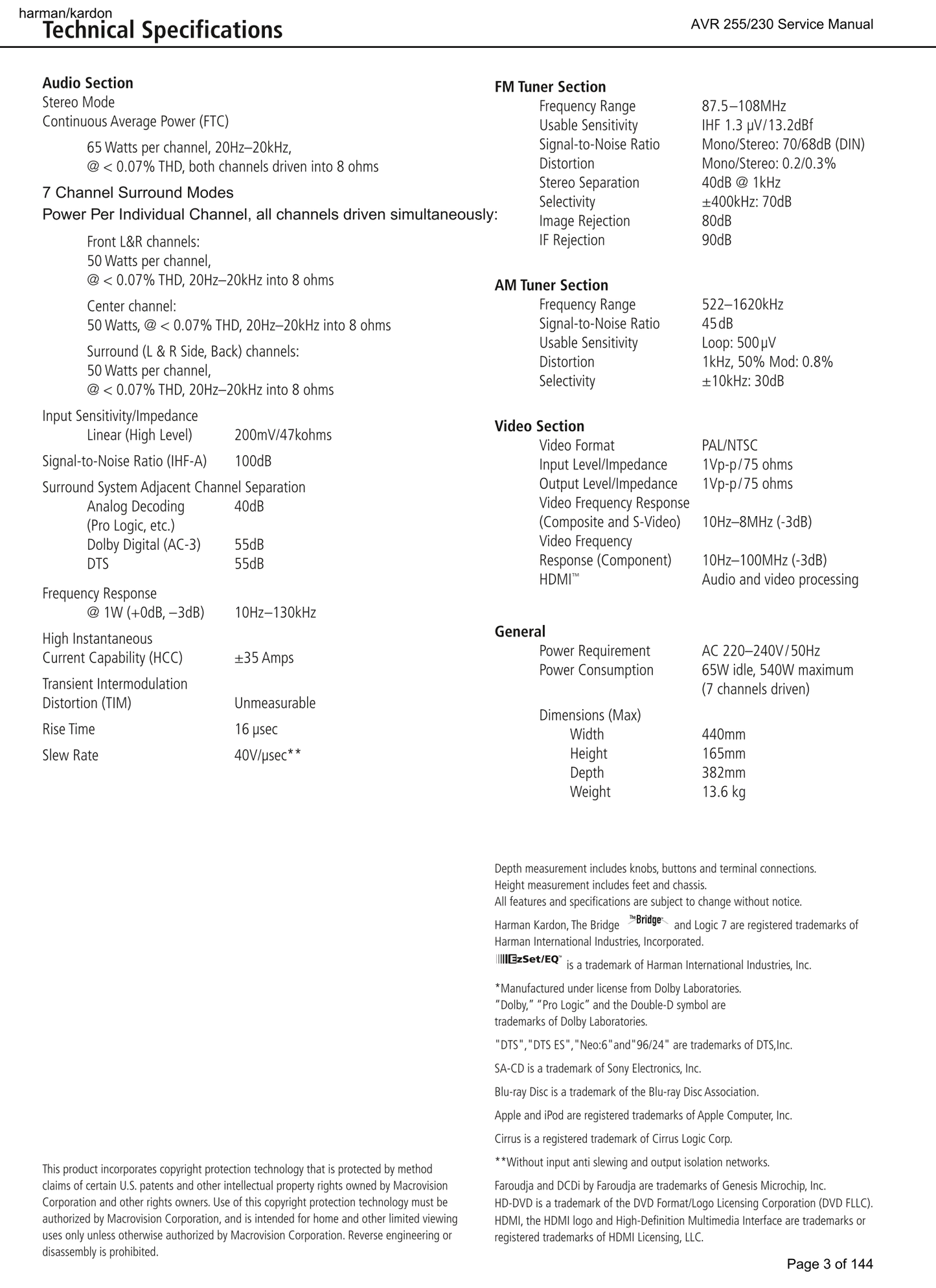 Harman/ Kardon AVR255/230 AV Receiver Service Manual (Pages: 144)