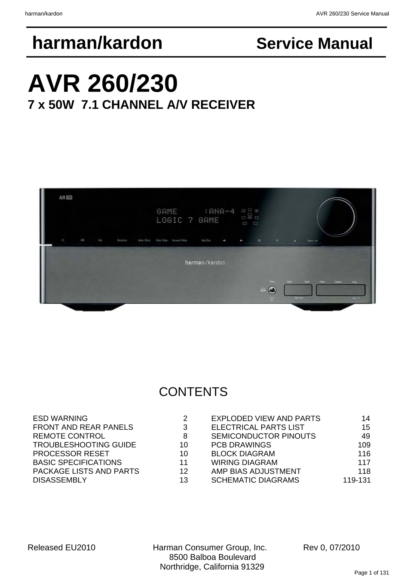 Harman/ Kardon AVR260/230 AV Receiver Service Manual (Pages: 131)