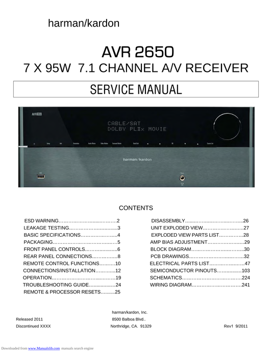 Harman/ Kardon AVR2650 AV Receiver Service Manual (Pages: 60)