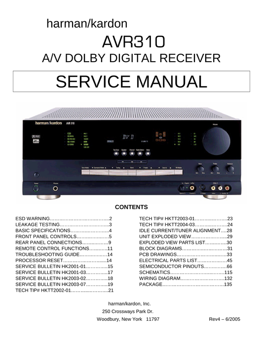 Harman/ Kardon AVR310 AV Receiver Service Manual (Pages: 135)