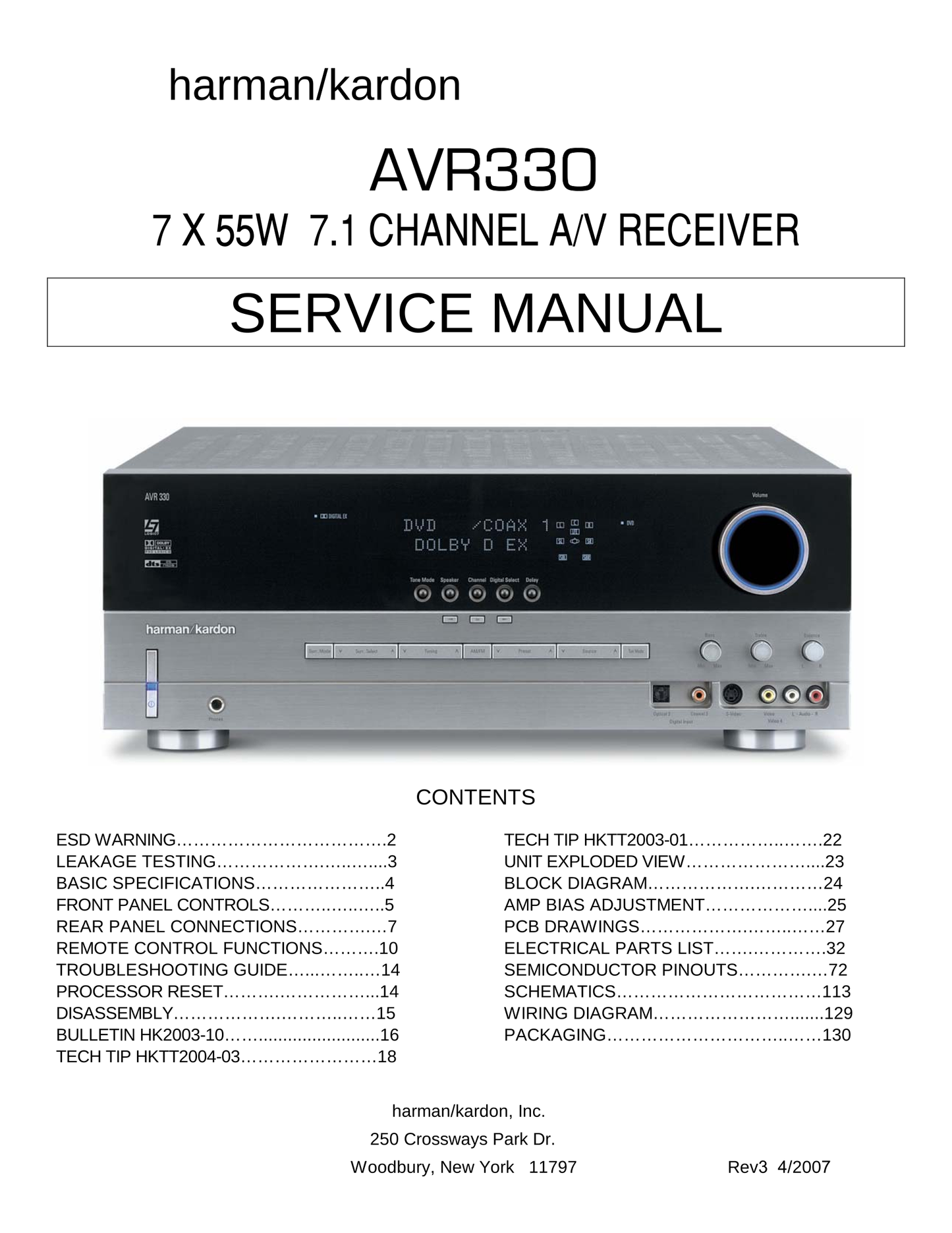 Harman/ Kardon AVR330 AV Receiver Service Manual (Pages: 130)