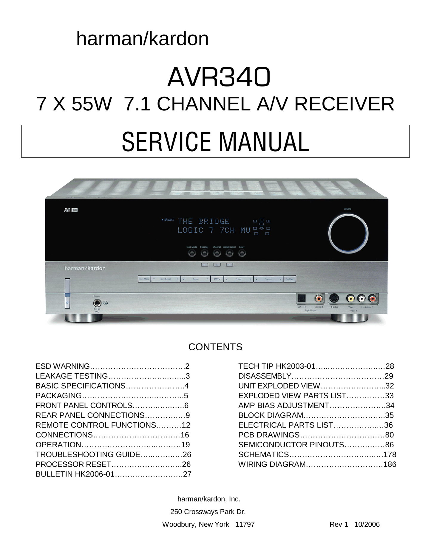 Harman/ Kardon AVR340 AV Receiver Service Manual (Pages: 187)