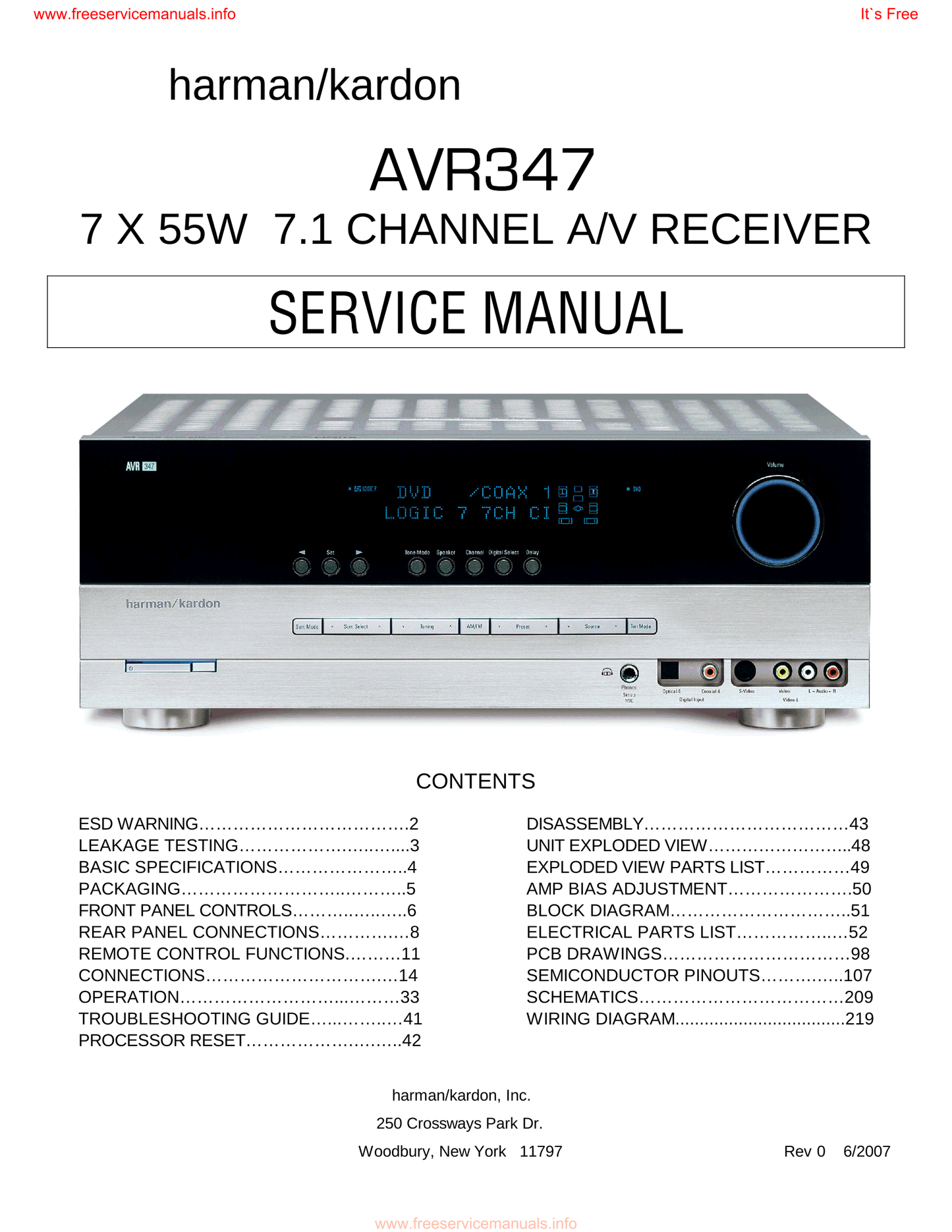 Harman/ Kardon AVR347 AV Receiver Service Manual (Pages: 218)