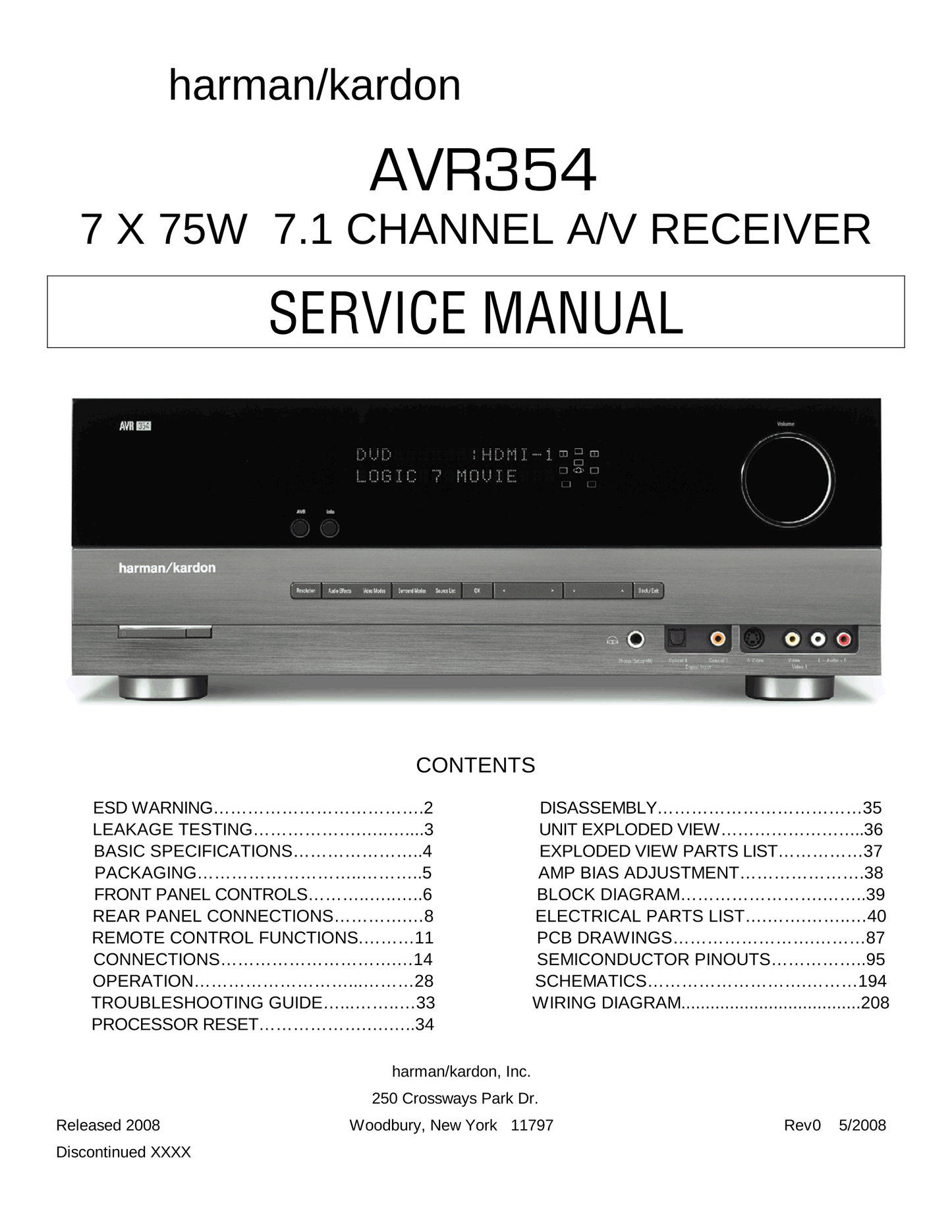 Harman/ Kardon AVR354 Audio/ Video Receiver Service Manual (Pages: 199)