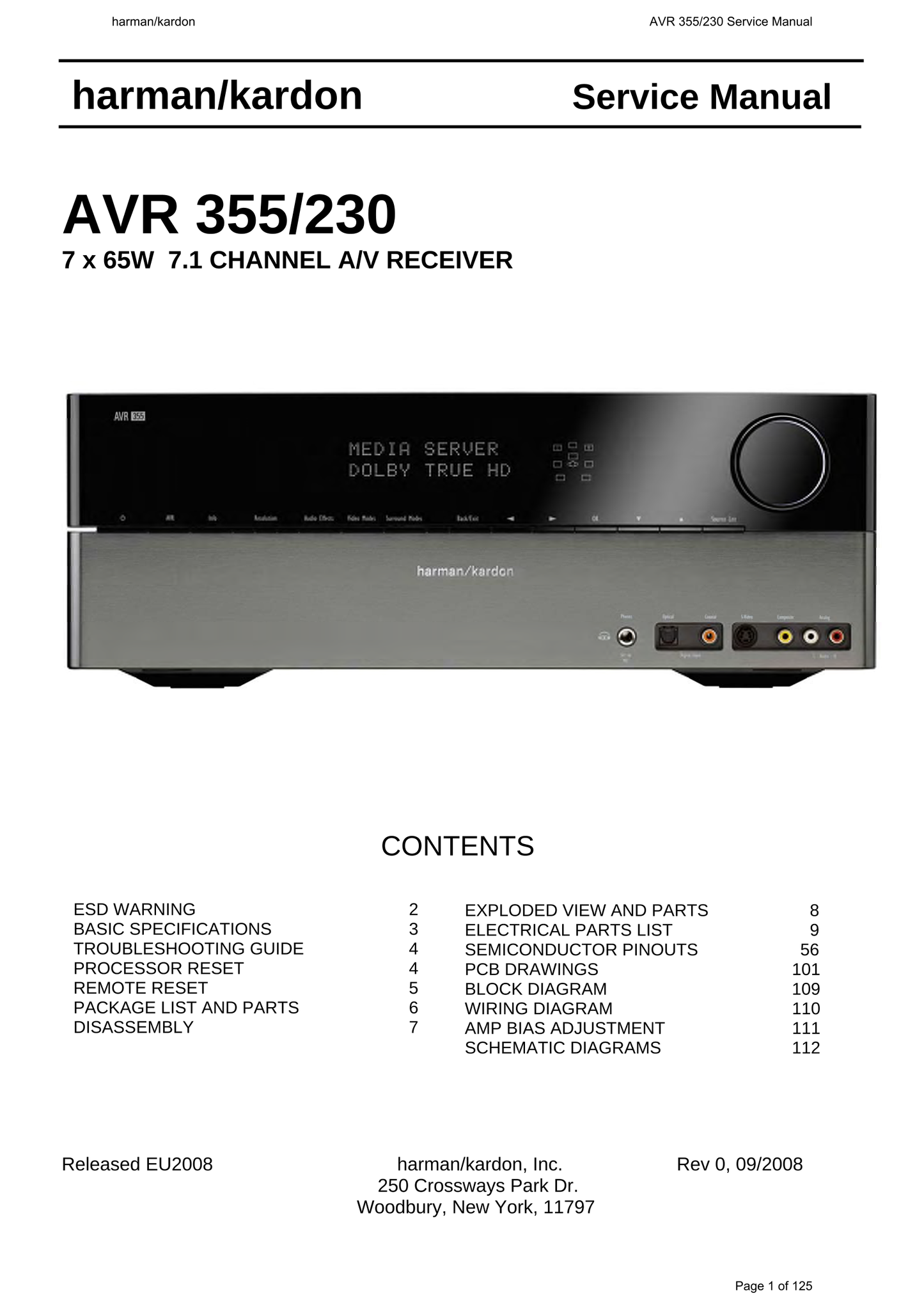 Harman/ Kardon AVR355/230 AV Receiver Service Manual (Pages: 125)