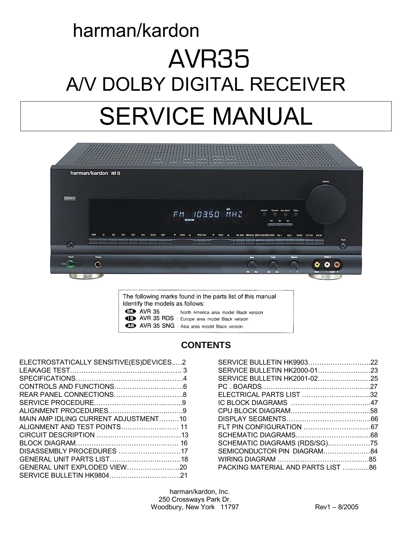 Harman/ Kardon AVR35 AV Receiver Service Manual (Pages: 86)