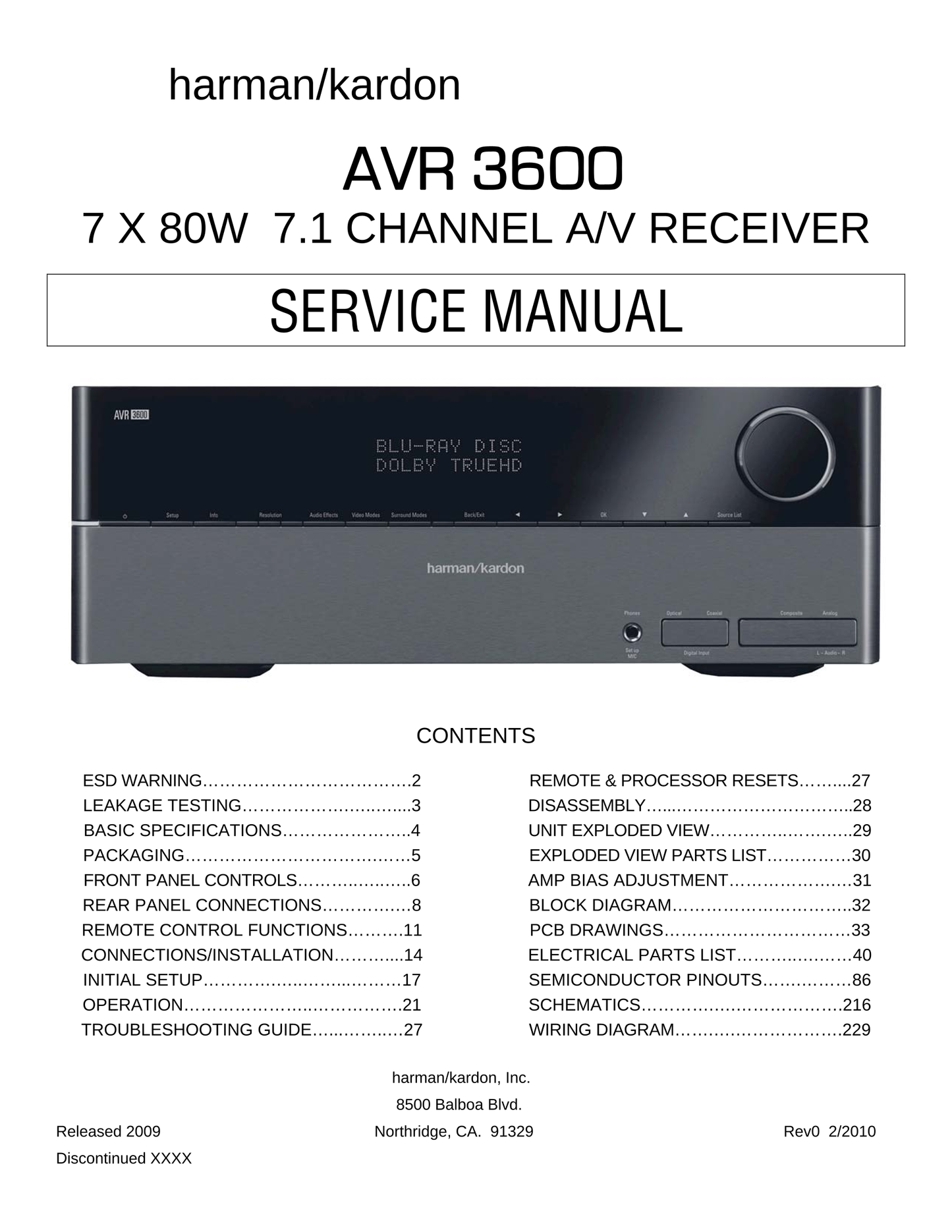 Harman/ Kardon AVR3600 AV Receiver Service Manual (Pages: 229)