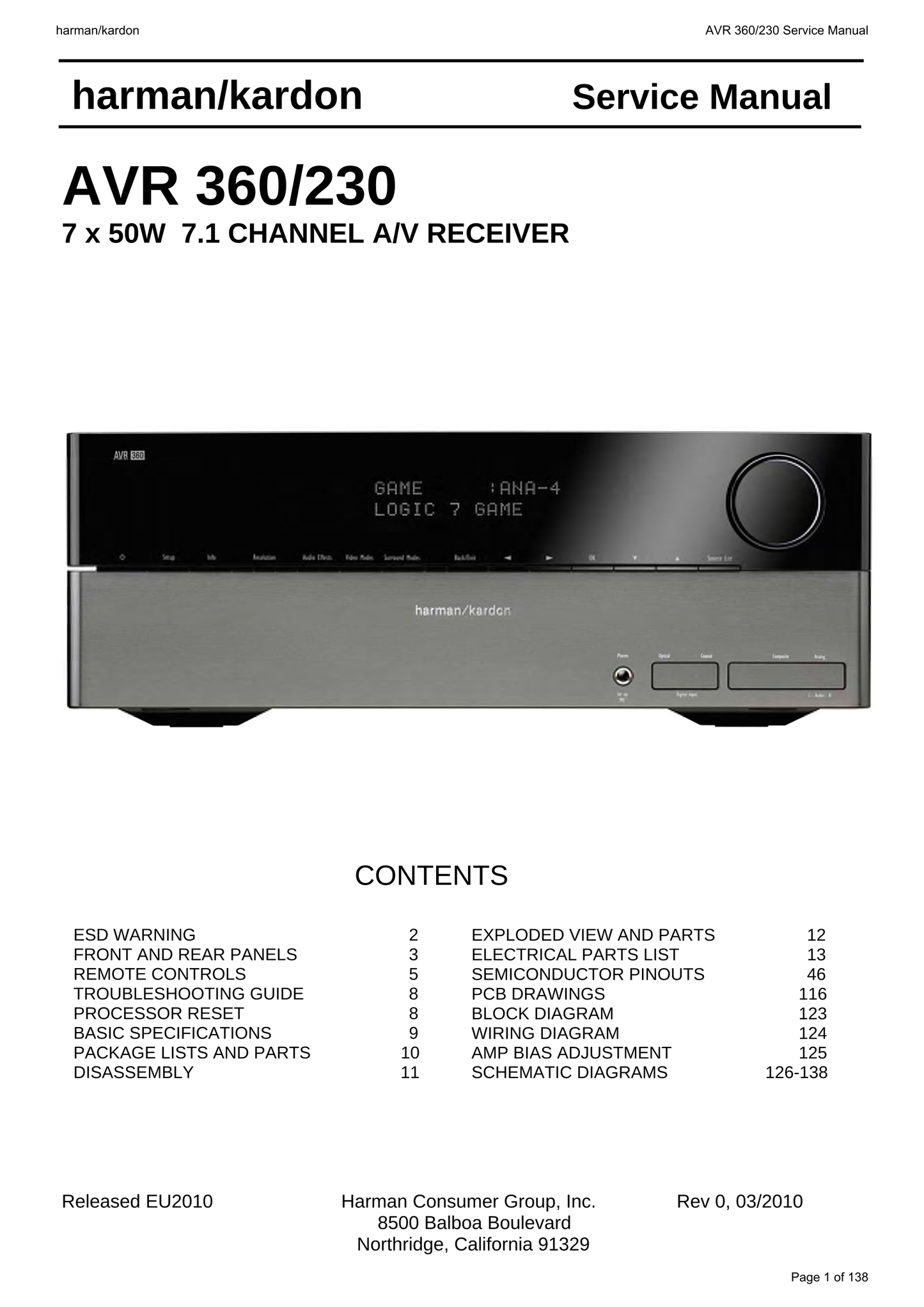 Harman/ Kardon AVR360/230 AV Receiver Service Manual (Pages: 138)