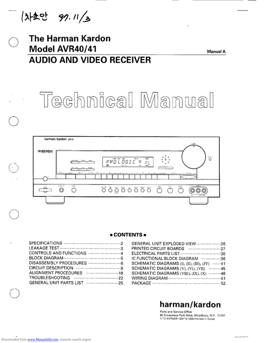 Harman/ Kardon AVR40 & AVR41 AV Receiver Service Manual (Pages: 70)