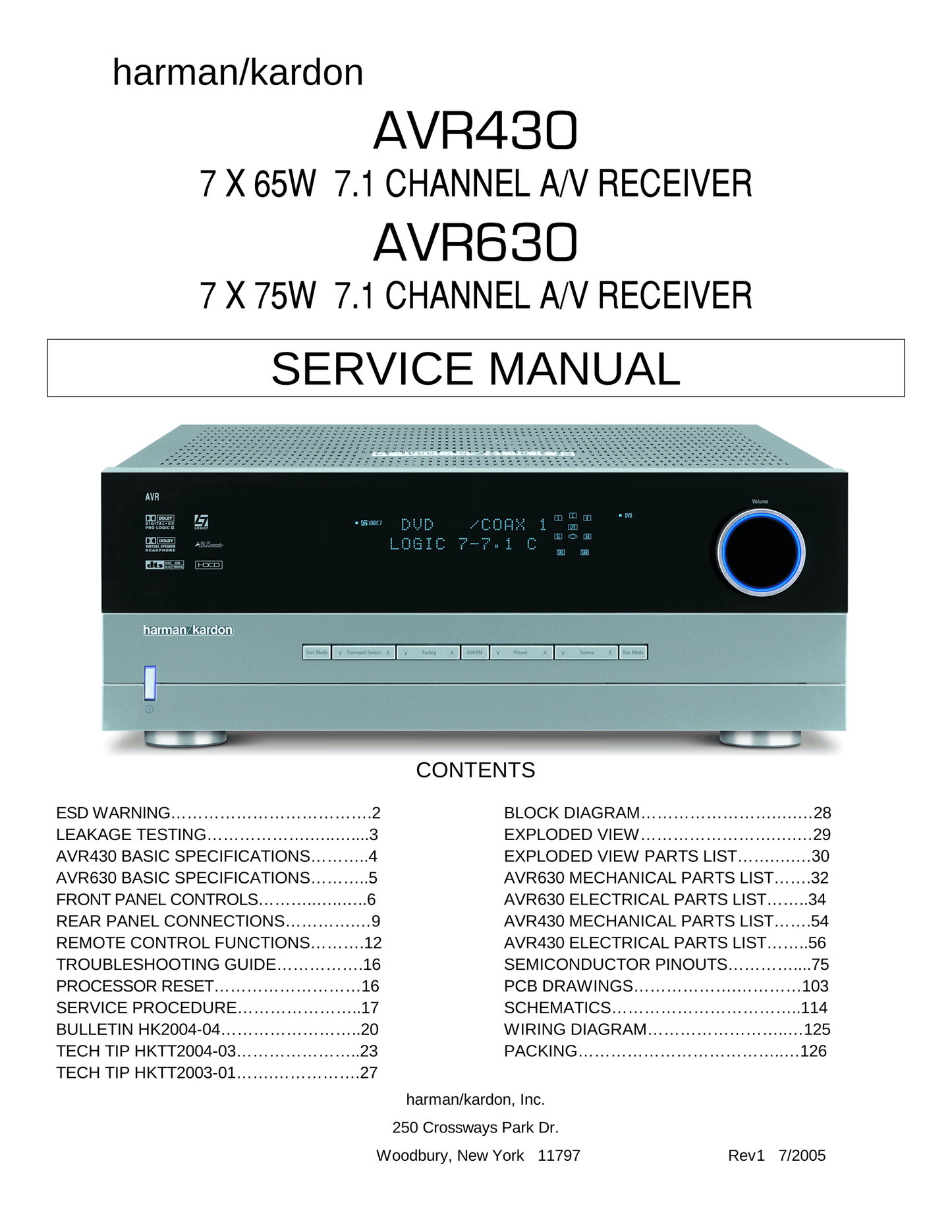 Harman/ Kardon AVR430 & AVR630 AV Receiver Service Manual (Pages: 126)