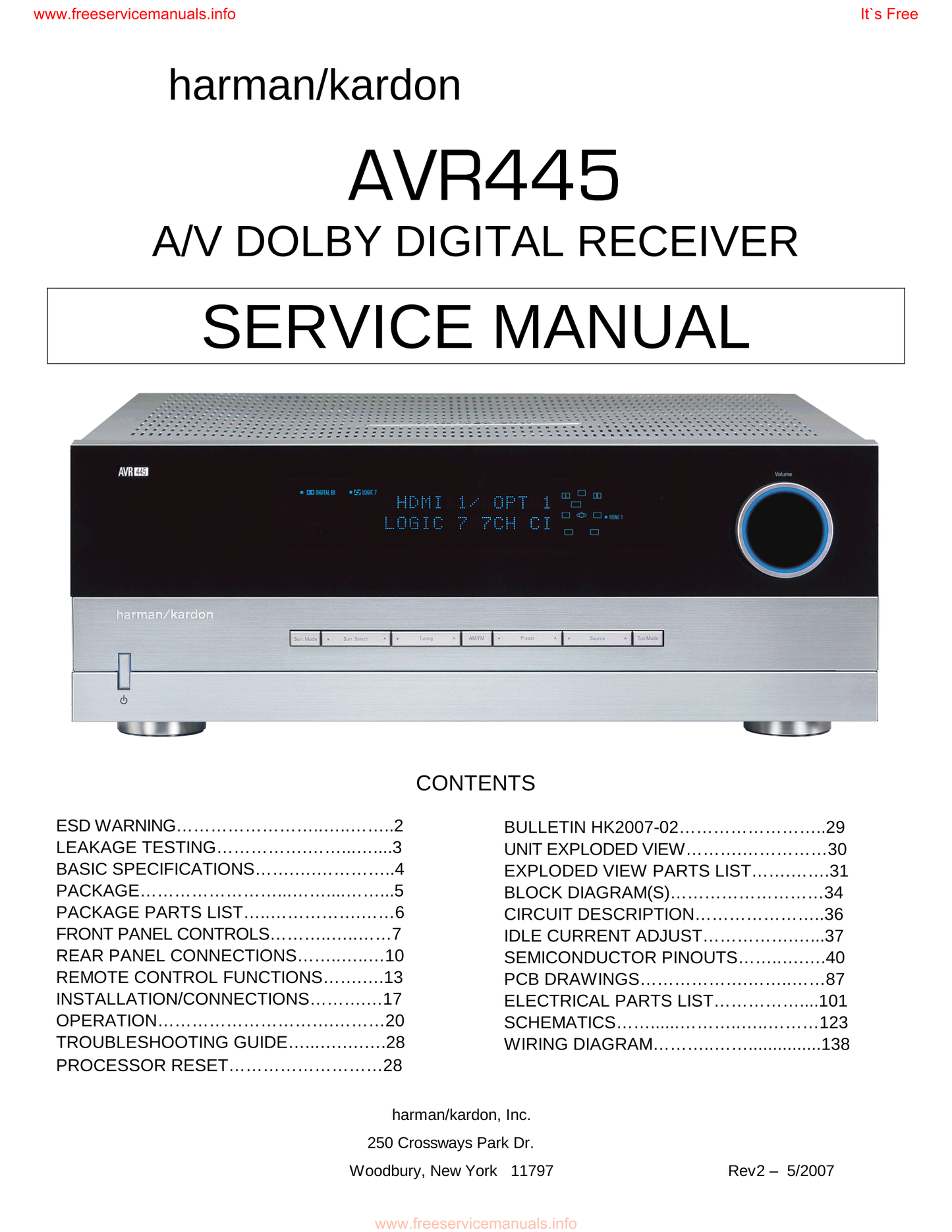 Harman/ Kardon AVR445 AV Receiver Service Manual (Pages: 138)