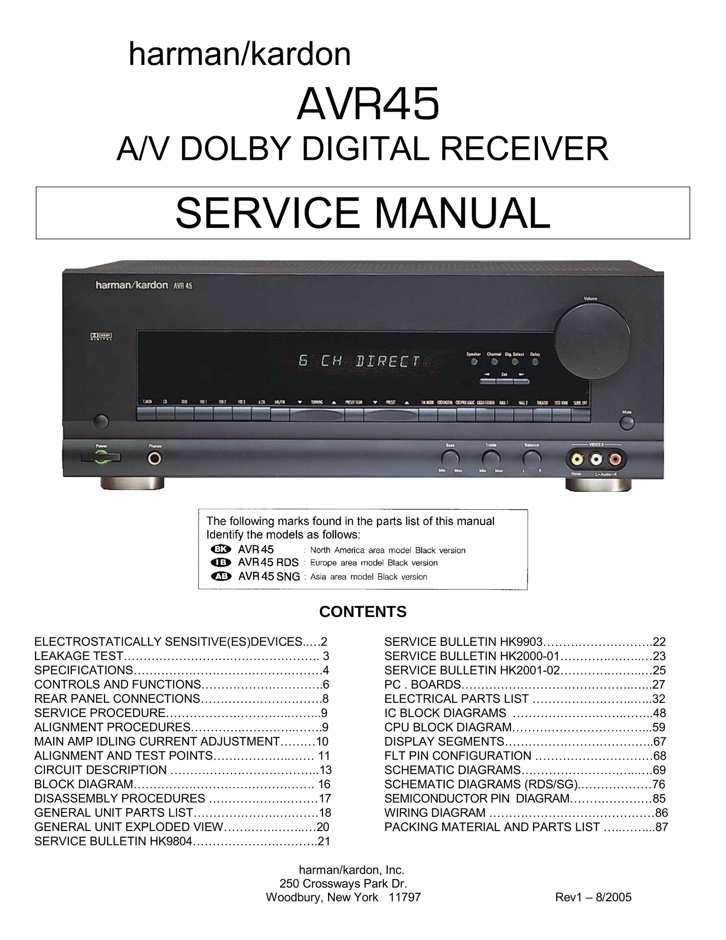 Harman/ Kardon AVR 45 Audio/ Video Receiver Service Manual (Pages: 87)