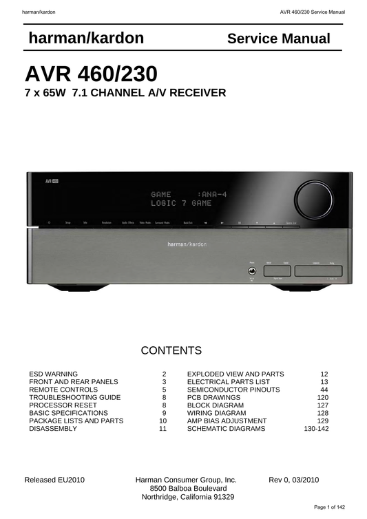 Harman/ Kardon AVR460/230 AV Receiver Service Manual (Pages: 142)