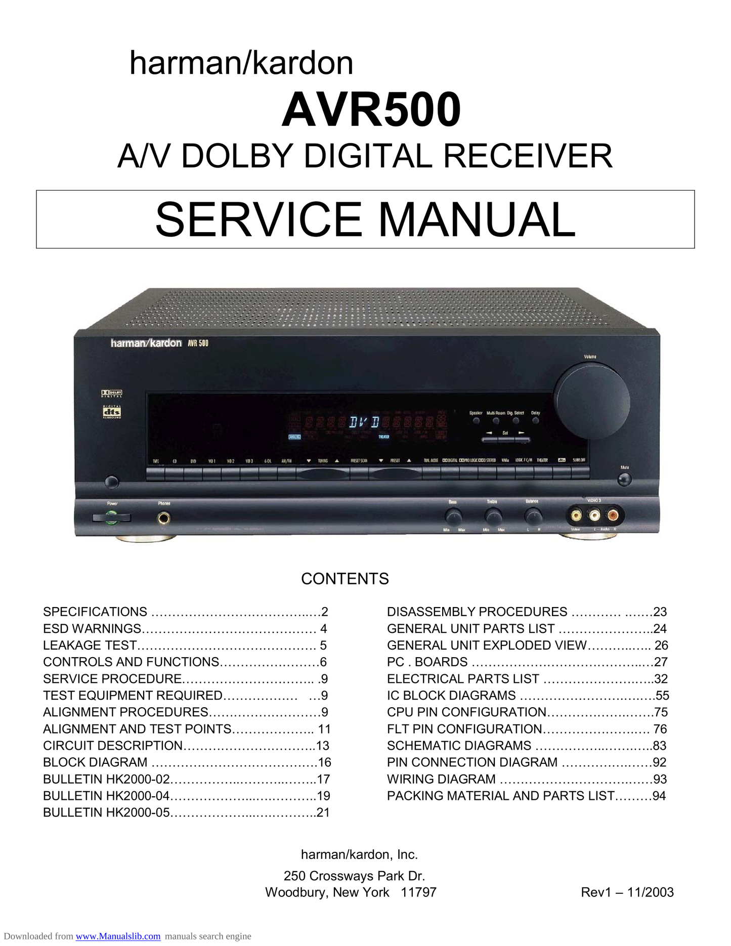 Harman/ Kardon AVR500 AV Receiver Service Manual (Pages: 94)