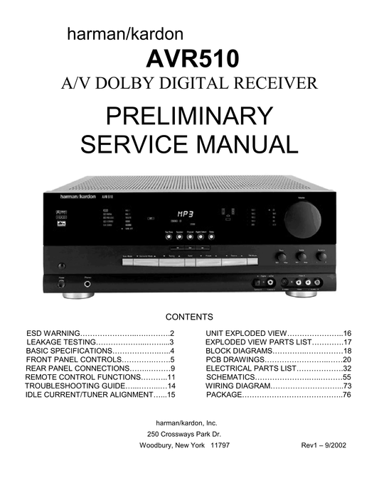 Harman/ Kardon AVR510 AV Receiver Service Manual (Pages: 76)