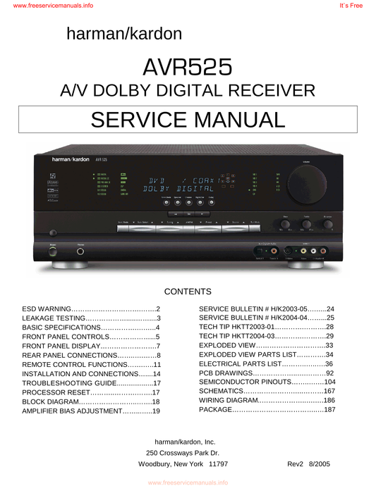 Harman/ Kardon AVR525 AV Receiver Service Manual (Pages: 187)