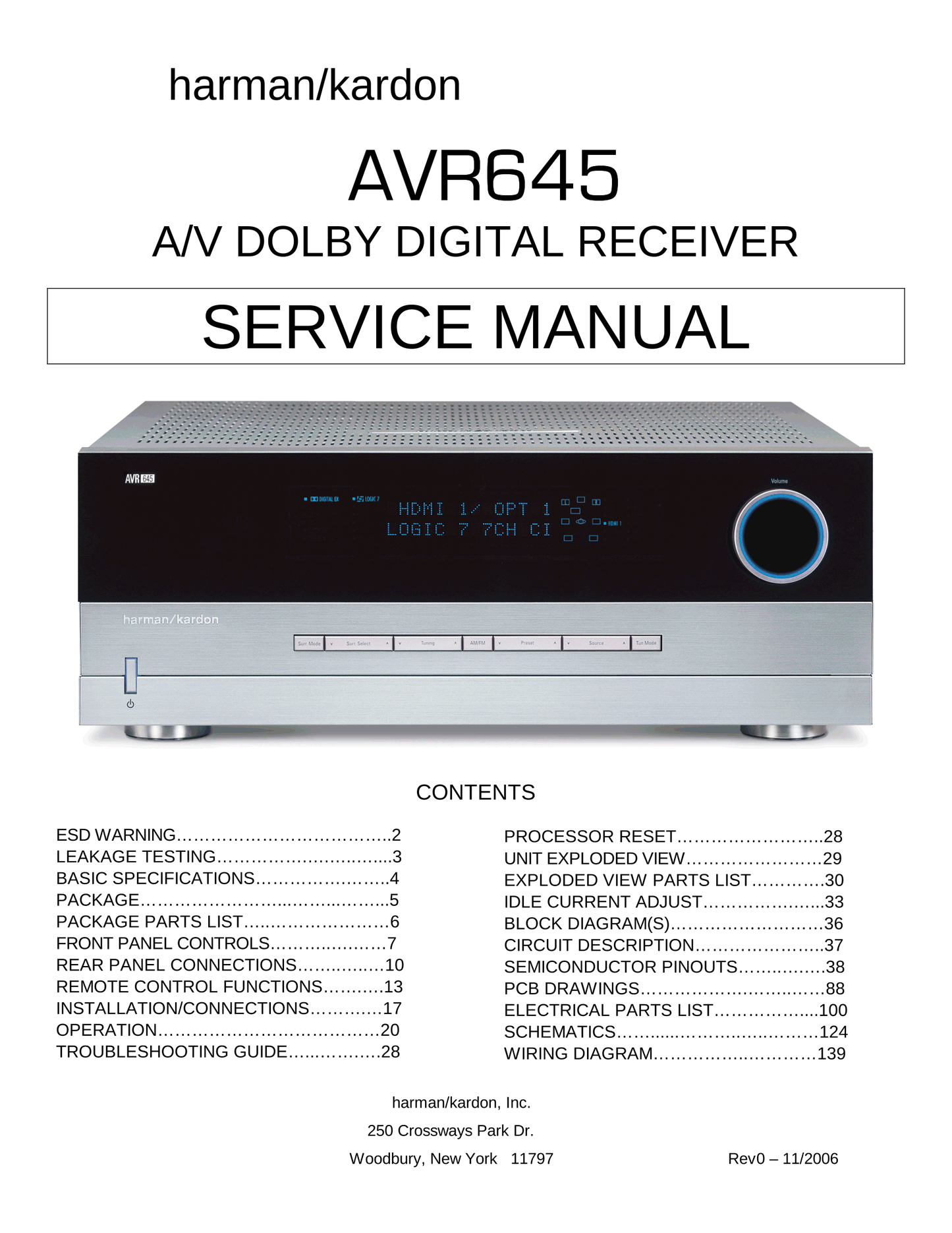 Harman/ Kardon AVR645 AV Receiver Service Manual (Pages: 139)