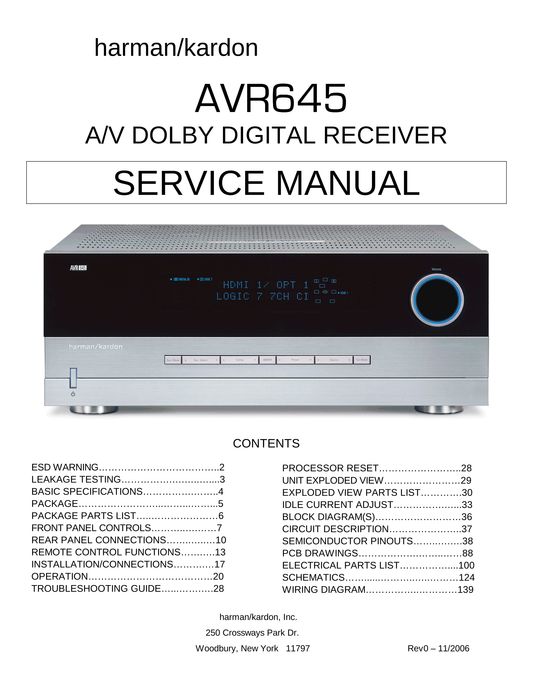 Harman/ Kardon AVR645 AV Receiver Service Manual (Pages: 139)