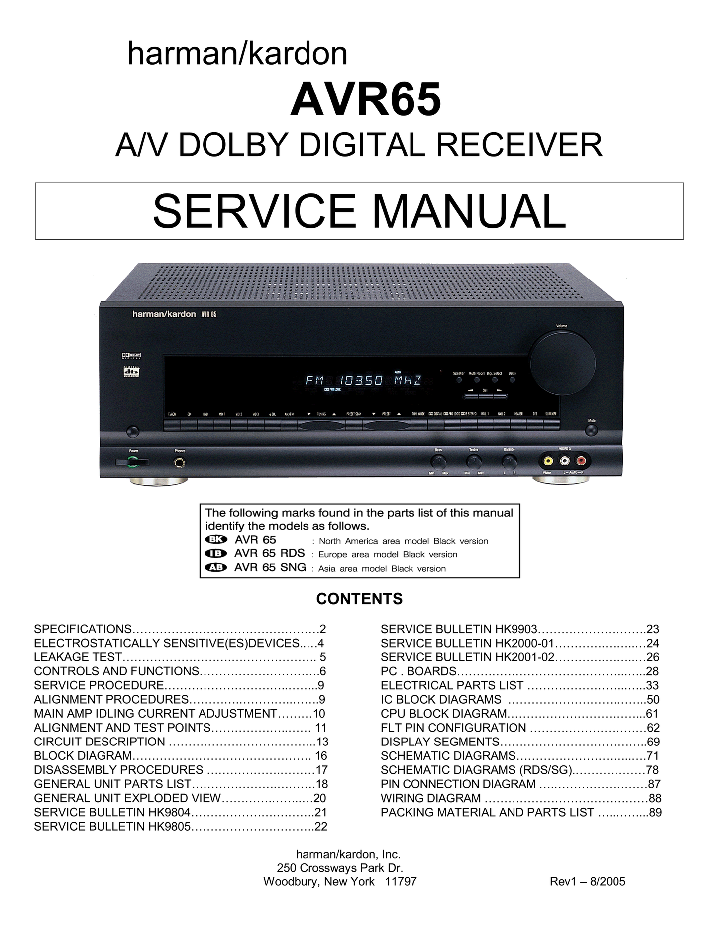 Harman/ Kardon AVR65 AV Receiver Service Manual (Pages: 89)