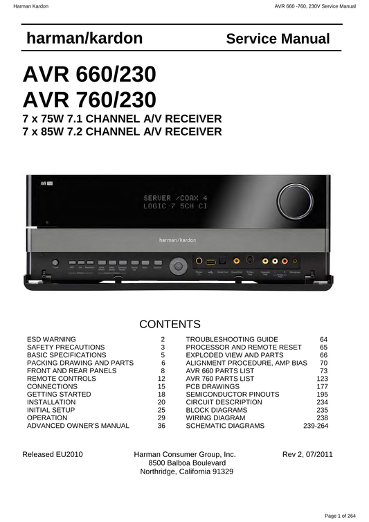 Harman/ Kardon AVR660/230 & AVR760/230 AV Receiver Service Manual (Pages: 264)