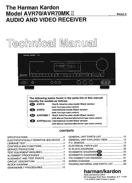 Harman/ Kardon AVR70 & AVR70MKII Audio/ Video Receiver Service Manual (Pages: 139)