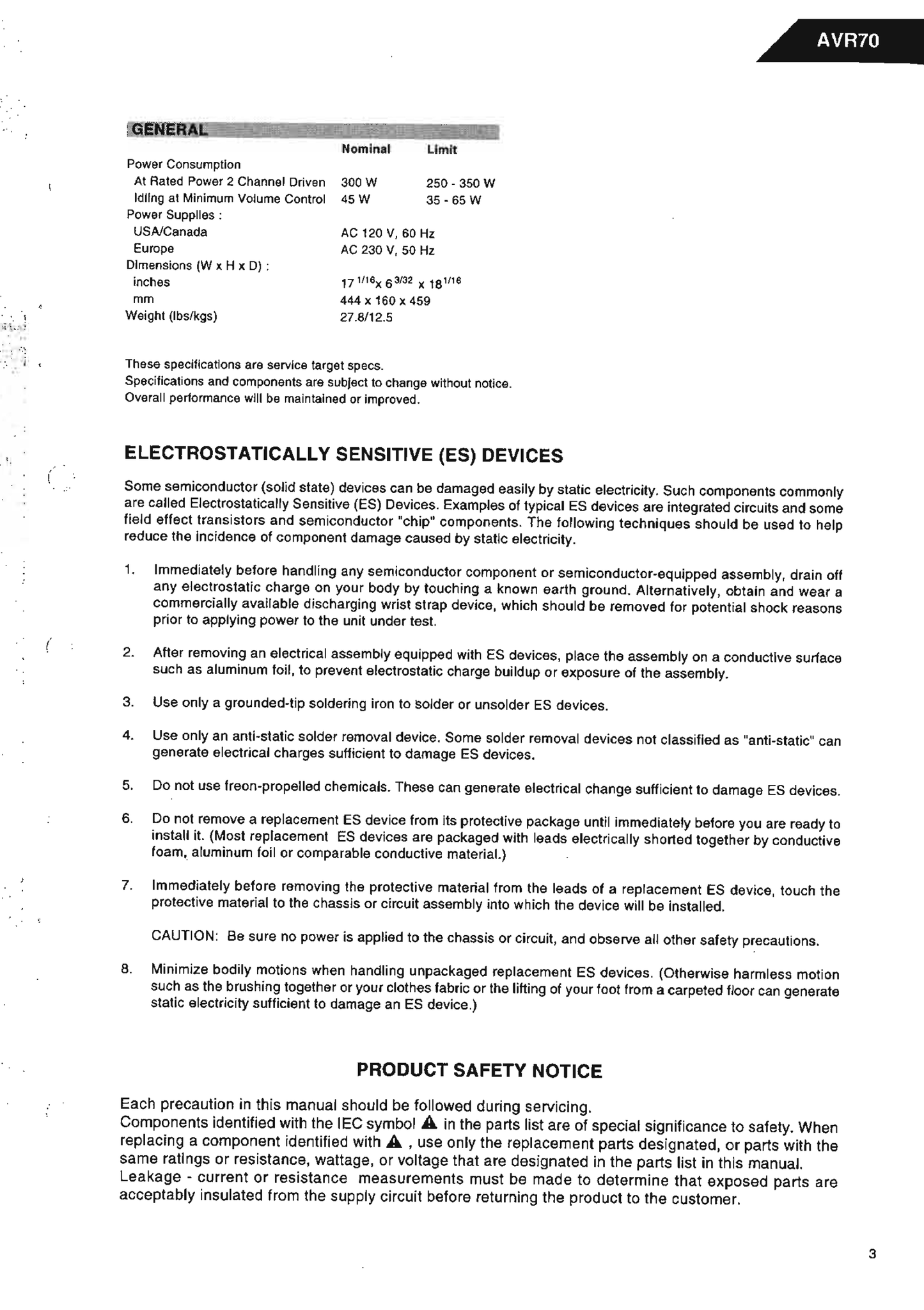 Harman/ Kardon AVR70 & AVR70MKII Audio/ Video Receiver Service Manual (Pages: 139)