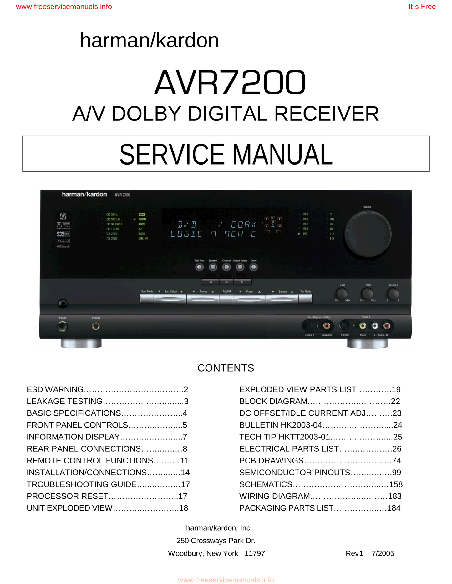 Harman/ Kardon AVR7200 AV Receiver Service Manual (Pages: 184)