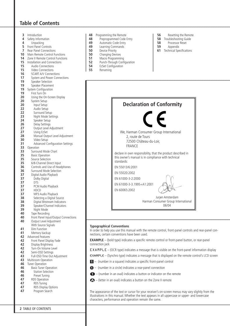 Harman-Kardon AVR7300 Audio System Operating Manual