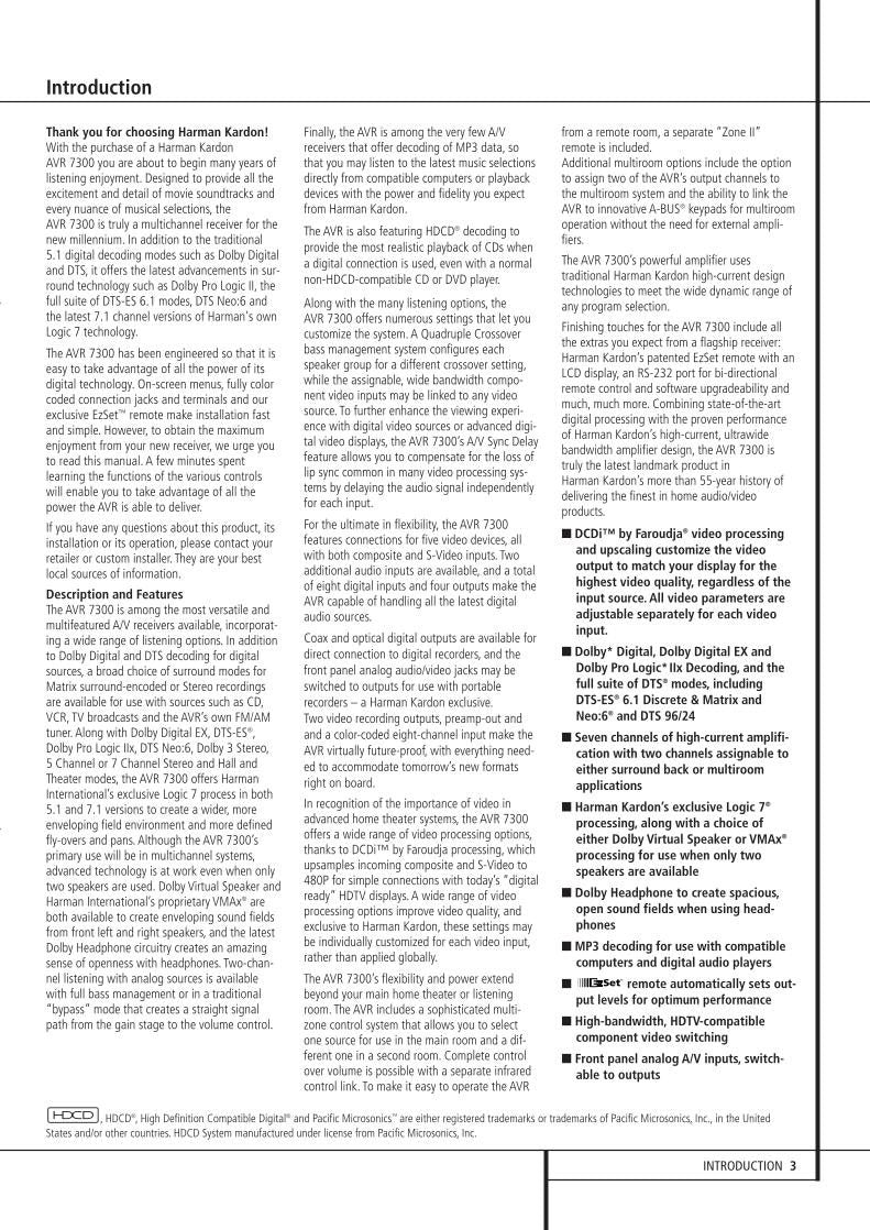 Harman-Kardon AVR7300 Audio System Operating Manual