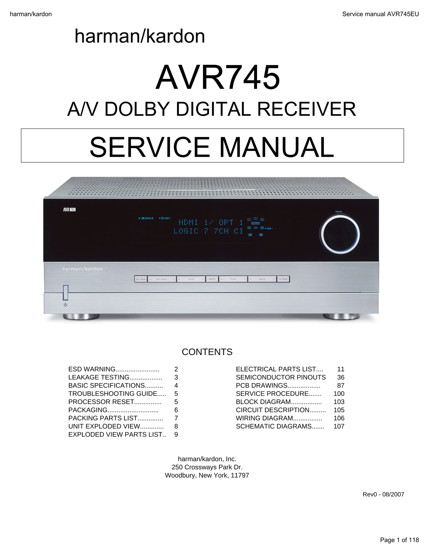 Harman/ Kardon AVR745 AV Receiver Service Manual (Pages: 146)