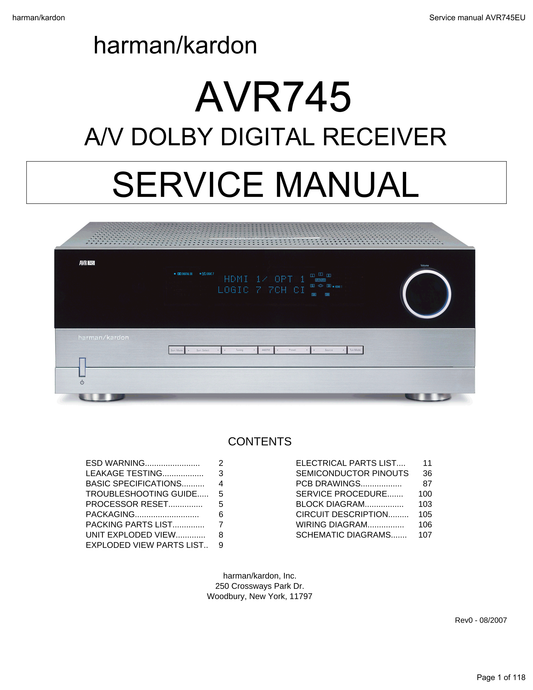 Harman/ Kardon AVR745 AV Receiver Service Manual (Pages: 146)