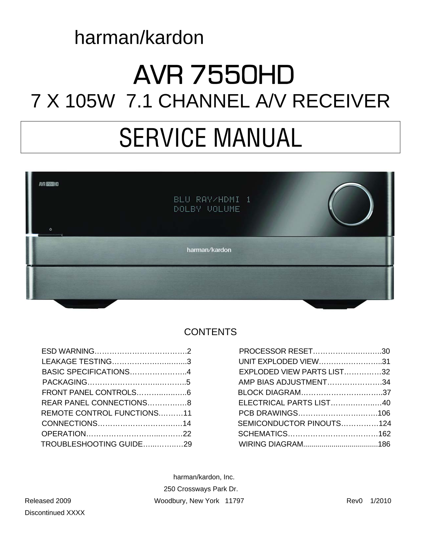 Harman/ Kardon AVR7550HD AV Receiver Service Manual (Pages: 186)