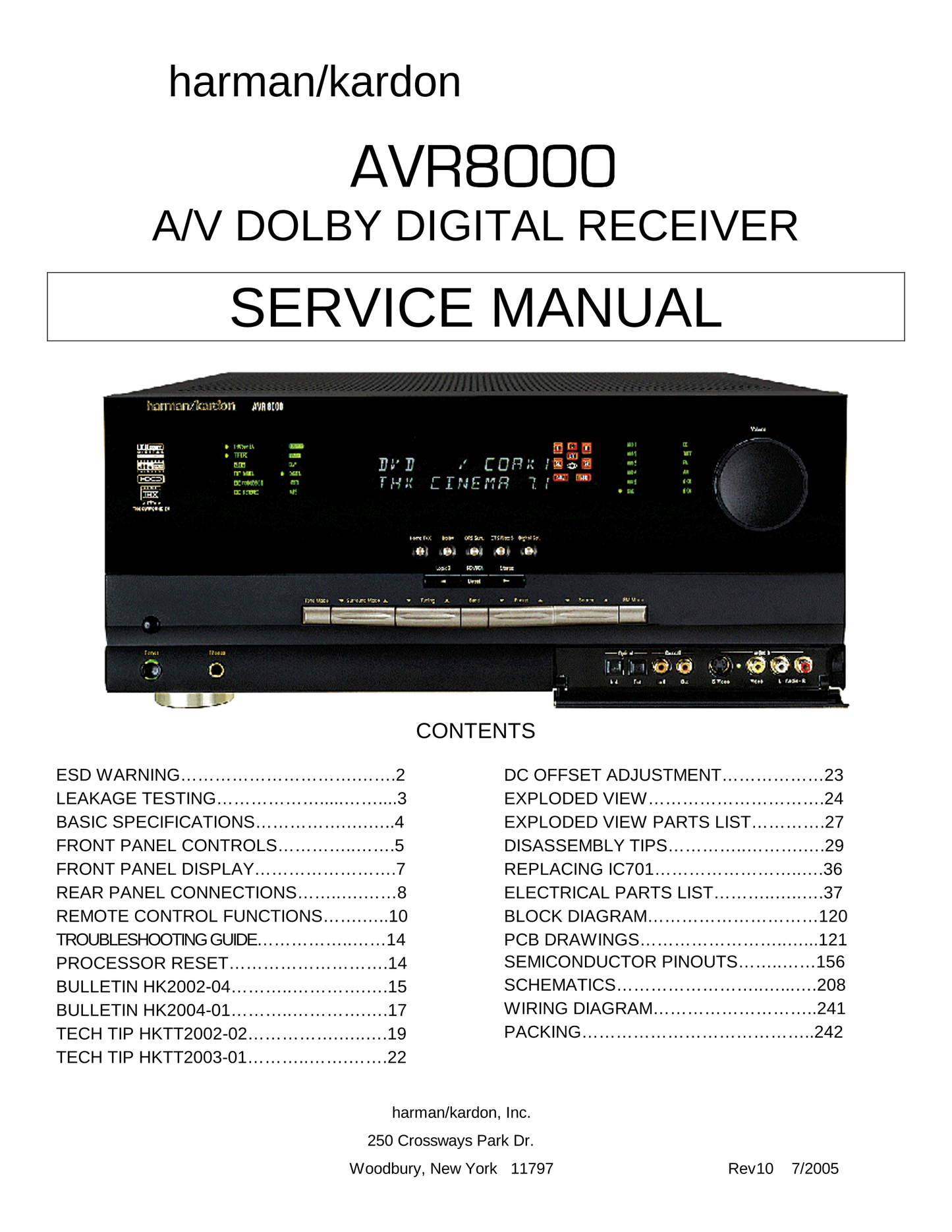 Harman/ Kardon AVR8000 AV Receiver Service Manual (Pages: 242)