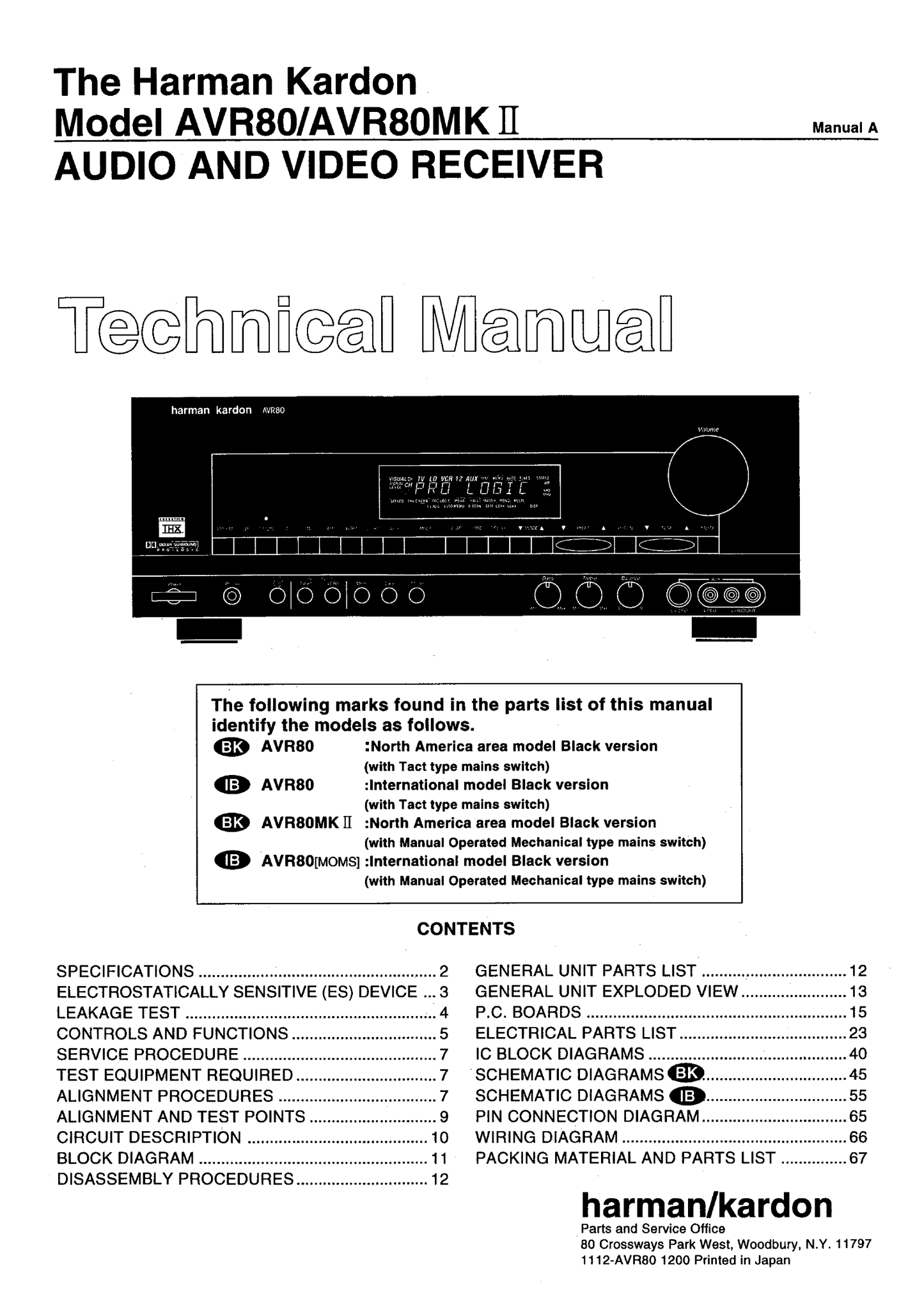 Harman/ Kardon AVR80 & AVR80MKII Audio/ Video Receiver Service Manual (Pages: 147)