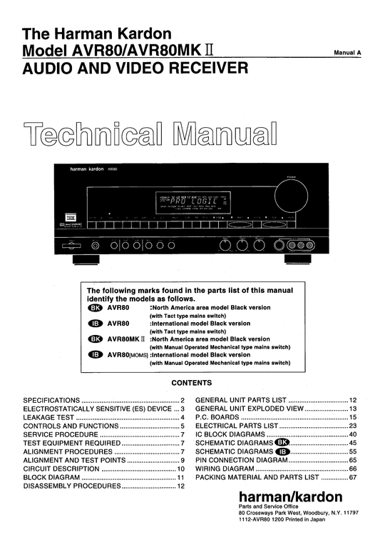 Harman/ Kardon AVR80 & AVR80MKII Audio/ Video Receiver Service Manual (Pages: 147)